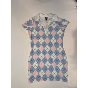 H&M Divided Women Large Argyle Polo Mini Blue Pink White Short Sleeve V-Neck